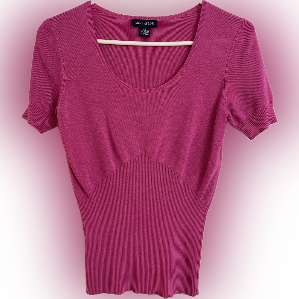 Ann Taylor Short Sleeve Scoop Neck Sweater Top - Raspberry